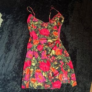 Black floral print side slit cami dress